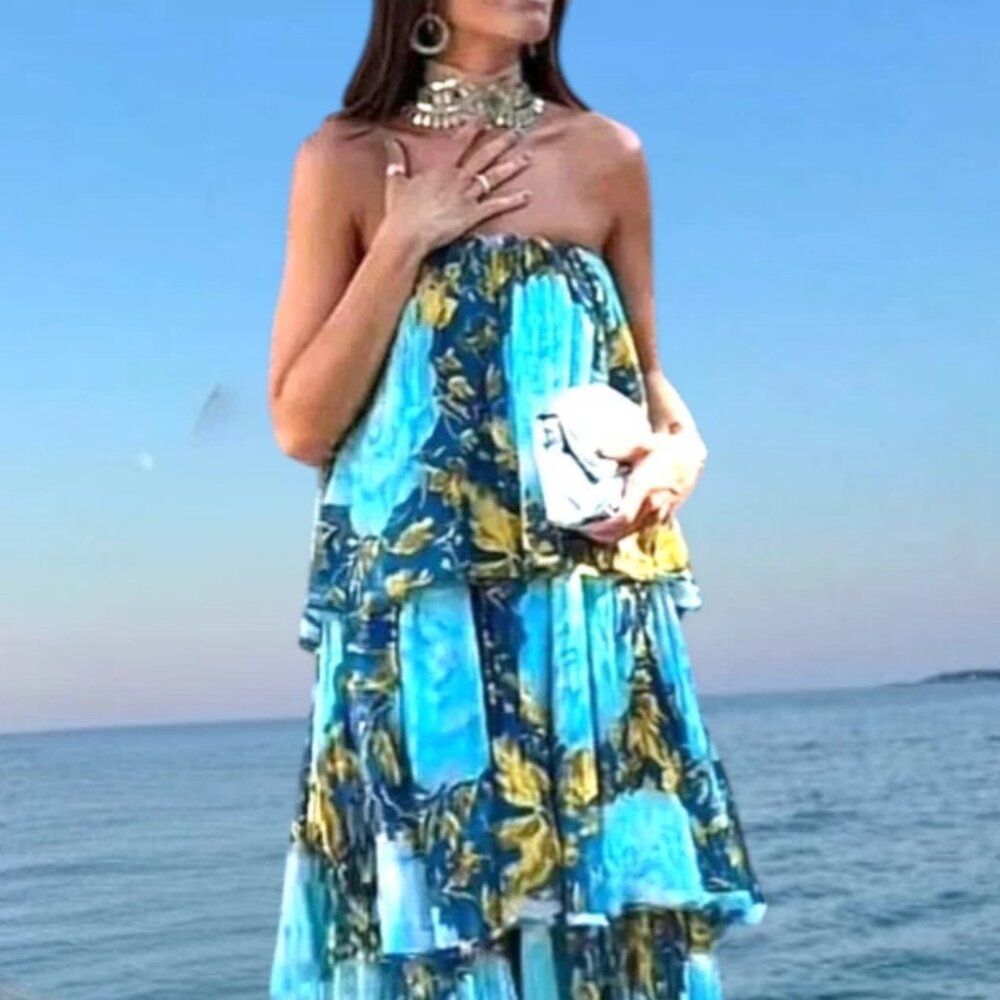 ZARA STRAPLESS AQUA WATERFALL MIDI DRESS ZW COLLECTION- S + M